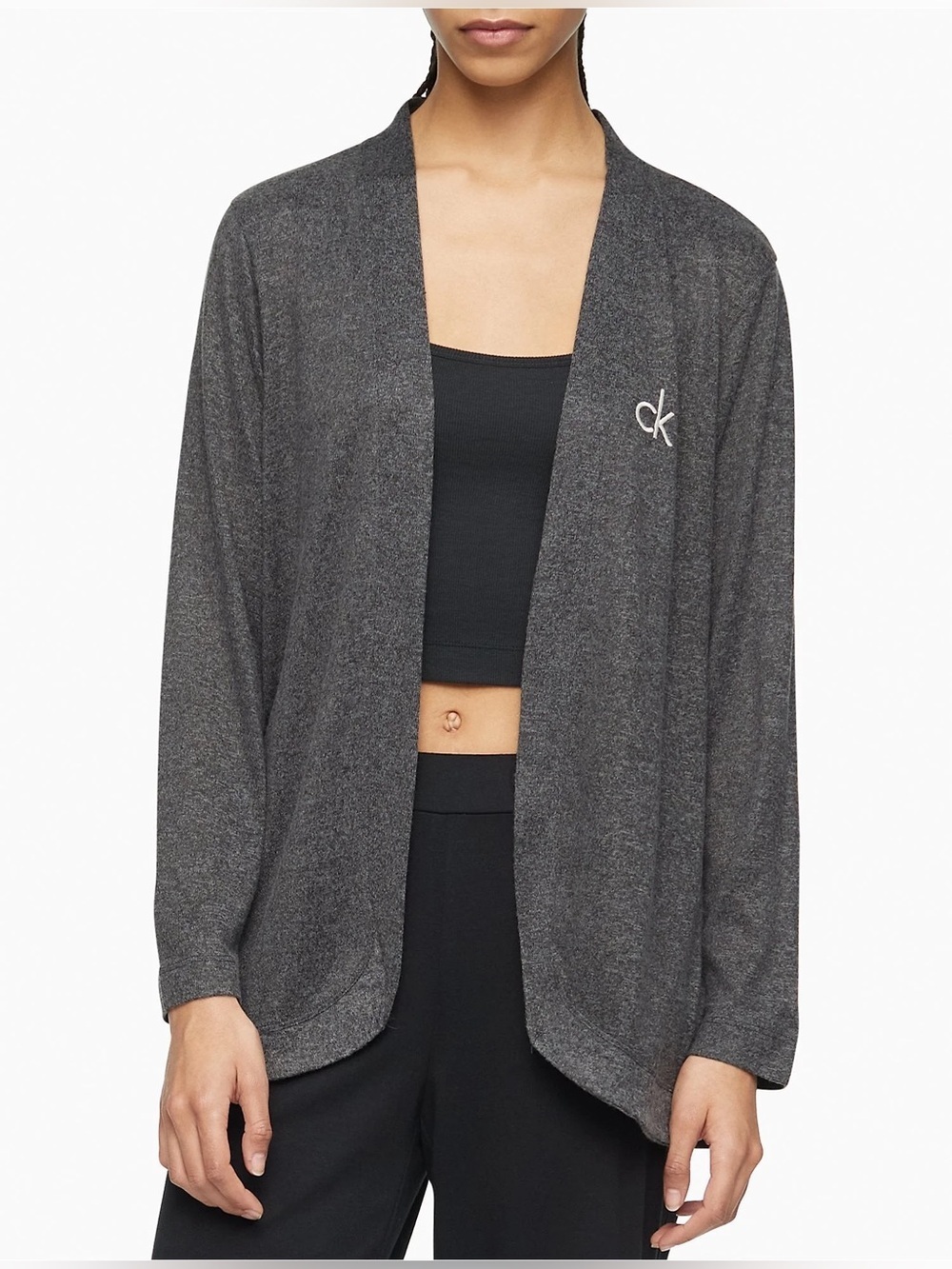 Calvin Klein (S) Aurora Comfort CK Logo Open Front Cardigan Dark Grey NWT
